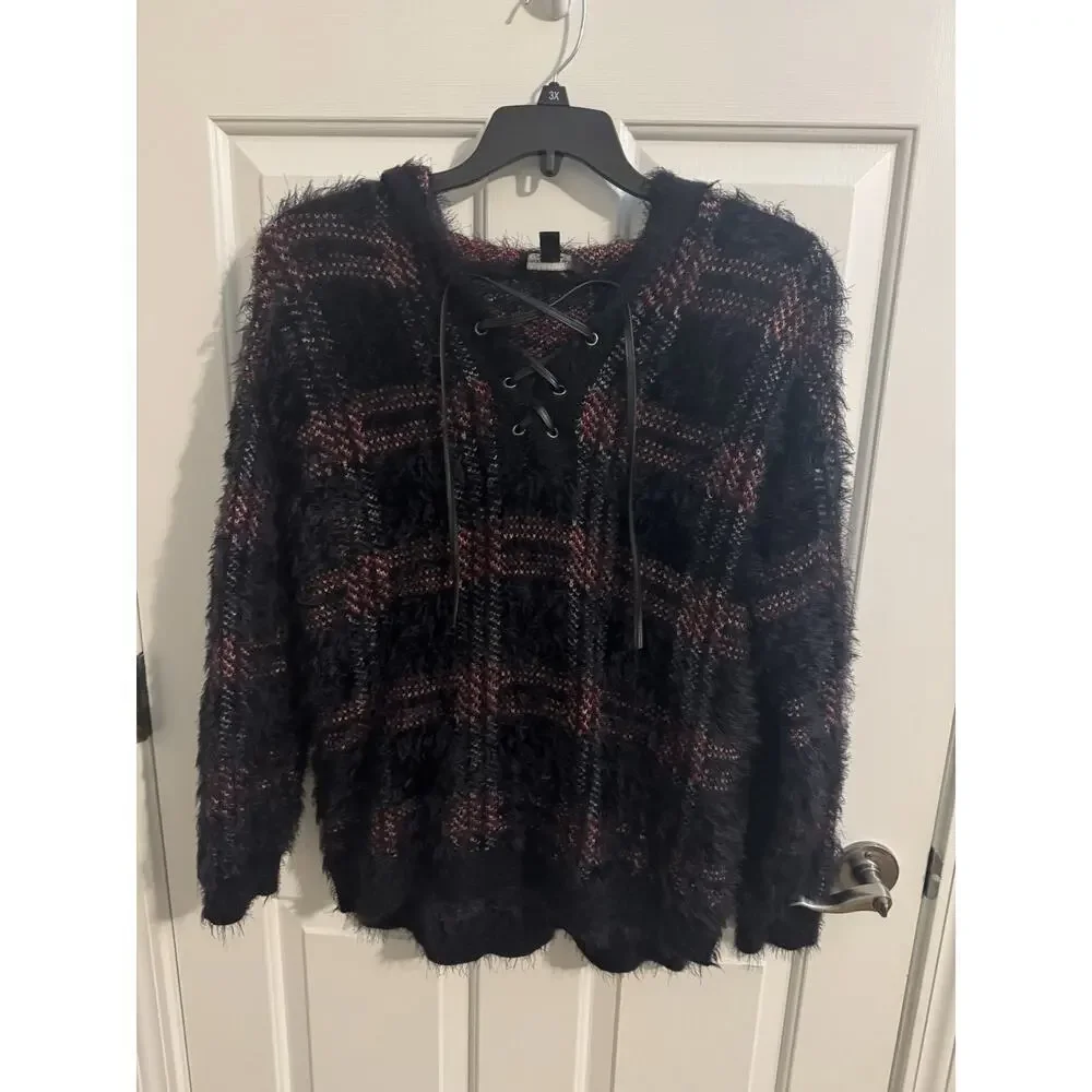 Rock & Republic Fuzzy Lash Plaid Lace Up Pullover Hoodie Sweater Black Red M